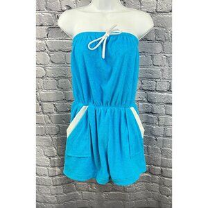VTG Terry Cloth Tube Top Romper Cover Up Shorts XL   80s Beach Blue Stripes
